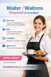Waiter / Waitress Required in London