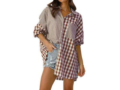 Women's Plaid Casual Patchwork Tops Long Sleeve Oversized Blouse Button Down Collar Shirt