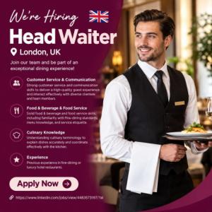 Head Waiter Required in London