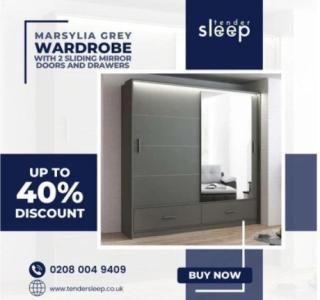 The Marsylia Grey Wardrobe with Sliding Mirror Doors and Drawers
