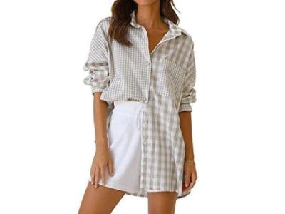 Women's Plaid Casual Patchwork Tops Long Sleeve Oversized Blouse Button Down Collar Shirt