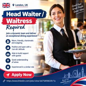 Head Waiter / Waitress Required in Dubai