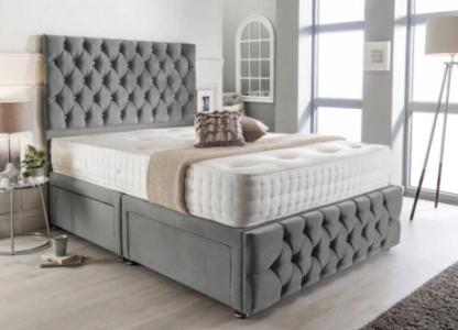 Luxurious Grey Chesterfield Velvet Divan Bed Set with Orthopaedic Memory Mattress