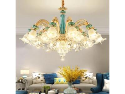 Chandelier Geniune K9 Crystal Blue Ceramic Gold Metal Arms Pendant Ceiling Lamp