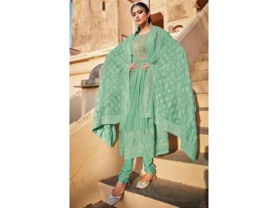 Aqua Green Silk Embroidered Anarkali Churidar Suits