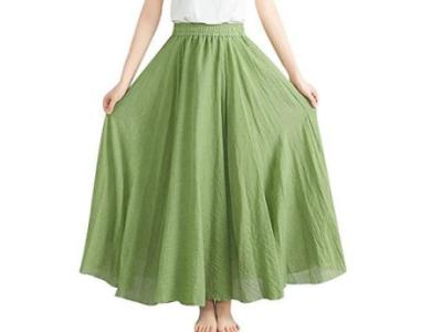 Women's Cotton Linen Maxi Skirt Elastic Waist Pleated Bohemian Vintage Beach Long Skirt
