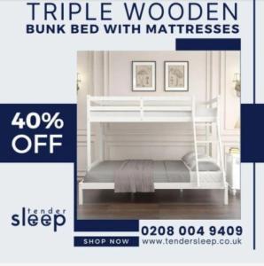 Triple Wooden Bunk Bed Set with Comfy Mattresses" . shop now 40% off