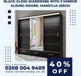Buy Black Gloss Wardrobe with 3 Mirror Sliding Doors- Marsylia 255cm