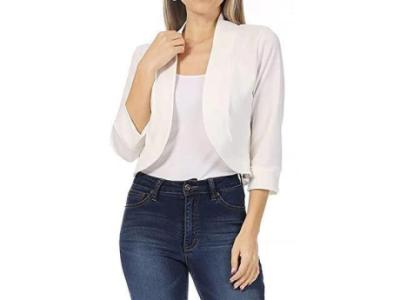 Women's 3/4 Sleeve Collarless Work Office Crop Suit Blazer Open Front Casual Short Jackets