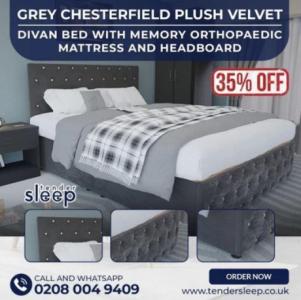 Grey Chesterfield Divan Bed Set with Memory Ortho Mattress up to 35% off