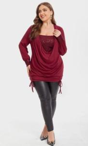 Drawstring Side Draped Collar Sequin Panel Tee