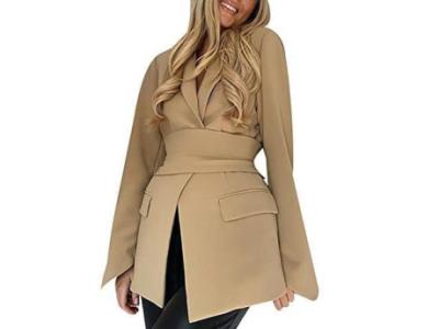 Women Elegant Coat Notch Lapel Collar Long Sleeve with Tie Belt Slim Blazer Jacket