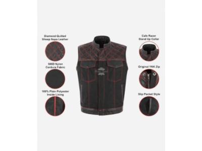 Men's Leather Biker Waistcoat Cordura Black Red Stitching Quilted SOA Vest